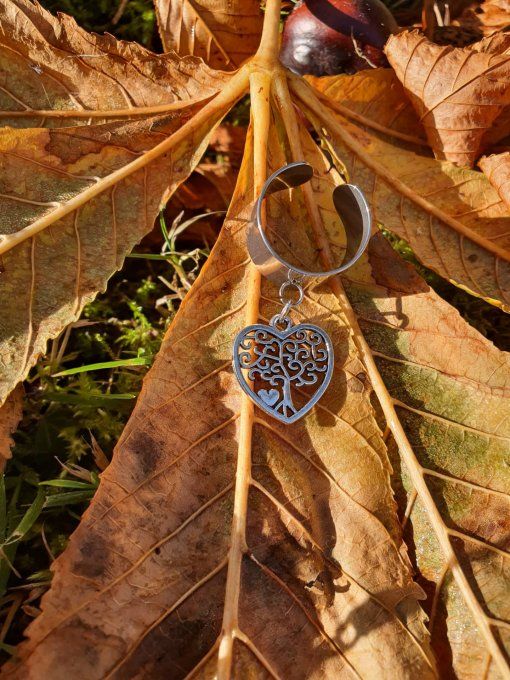 Bague estampille Arbre de vie coeur (réglable acier inoxydable)